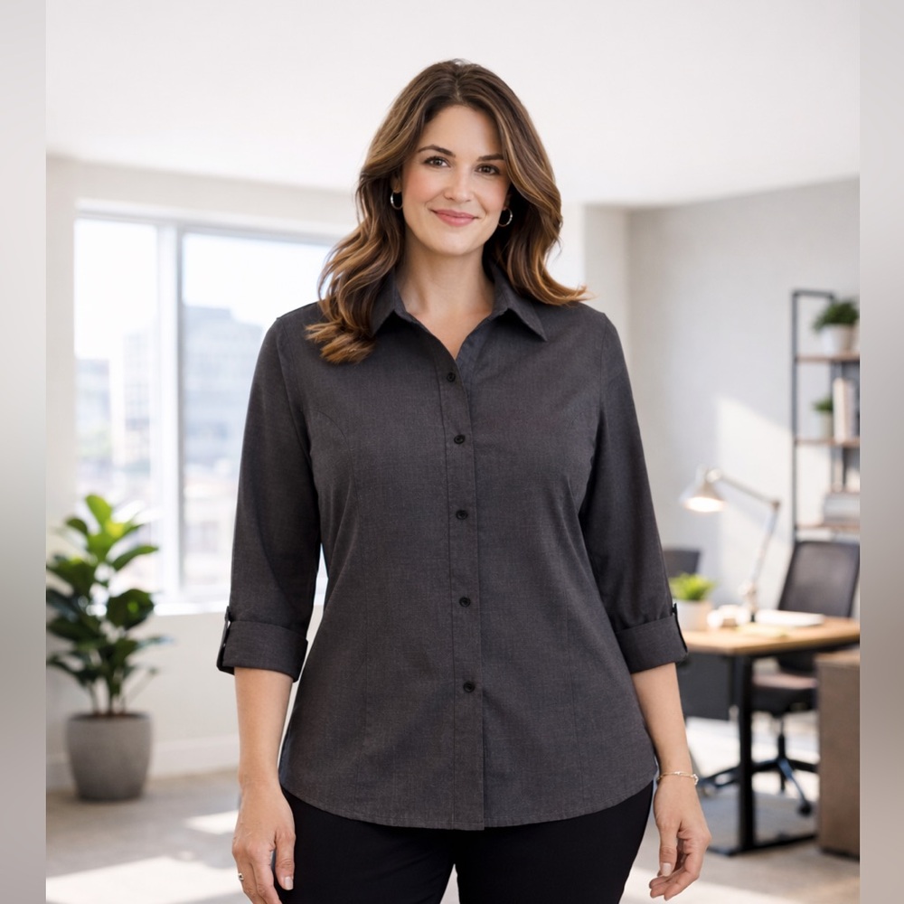 Croft & Barrow 1X Gray Button Front Blouse l Business Casual Stretch Office Top